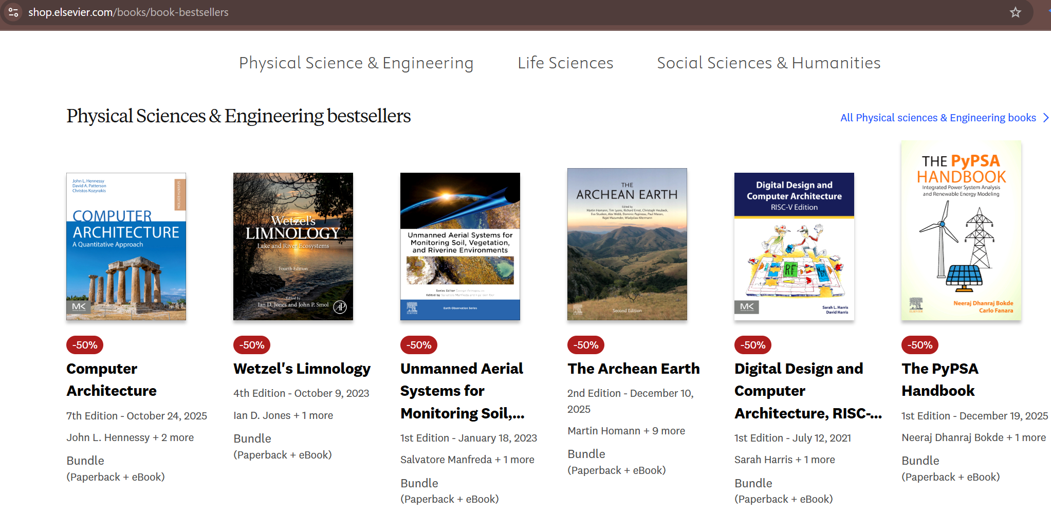 Elsevier Physical Sciences & Engineering Bestsellers listing showing The PyPSA Handbook