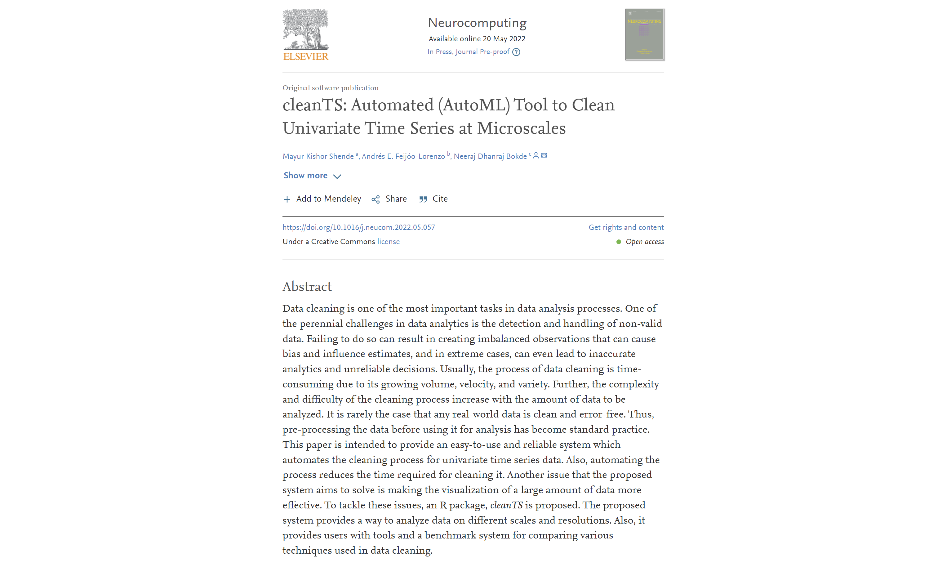 cleanTS - a tool funded by Google Summer of Code (GSoC) - 2021 is now published in Neurocomputing (Elsevier) journal